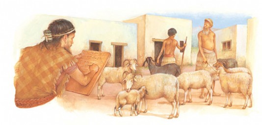 A scribe records the number of animals a farmer has.