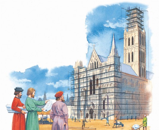 An architect surveys the building of a cathedral