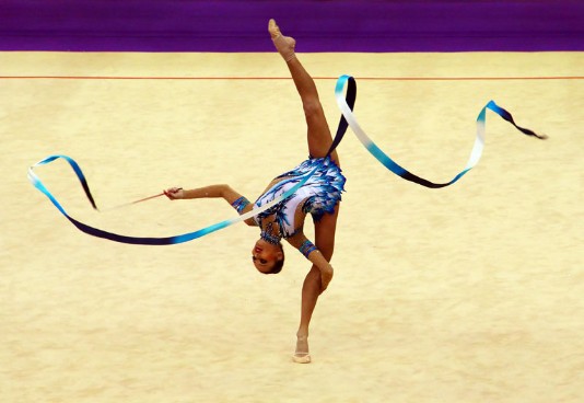 A rhythmic gymnastic routine, using a ribbon