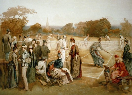 An 1887 illustration of lawn tennis in the USA