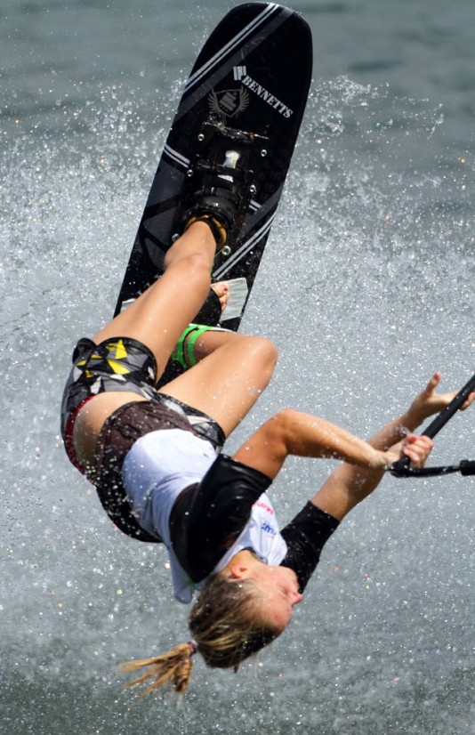 A water skier in the tricks competition