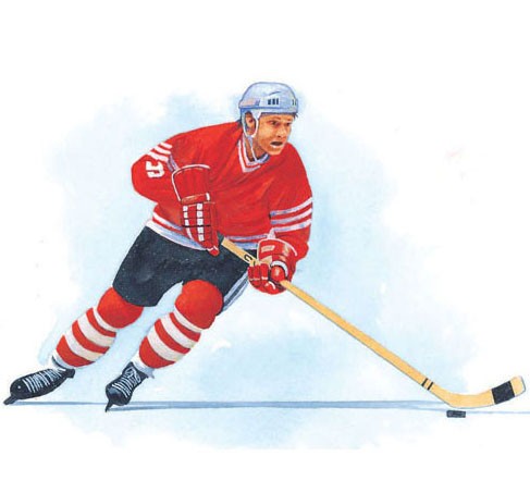 An ice hockey player in control of the puck