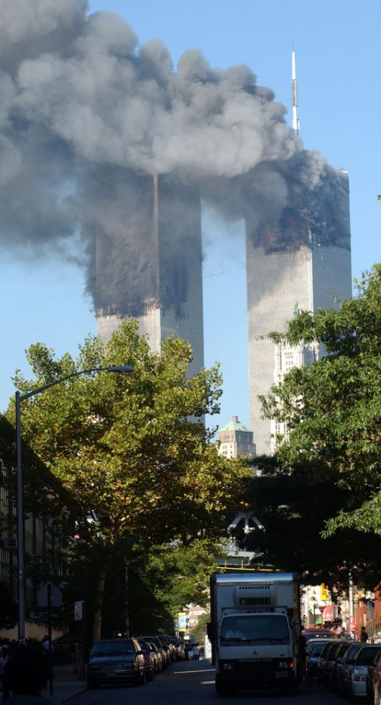Smoke rises from the World Trade Center.