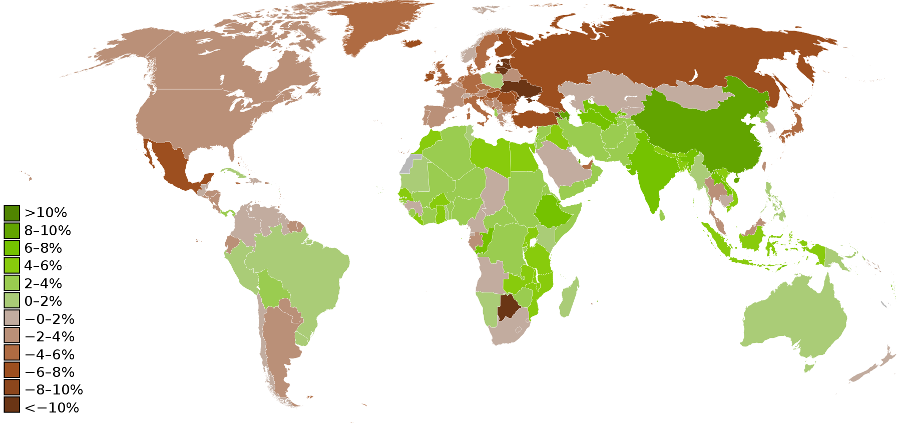 World map showing GDP growth (or decline) rates for 2009