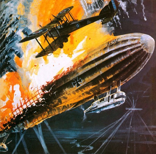 A Zeppelin is shot down during World War I