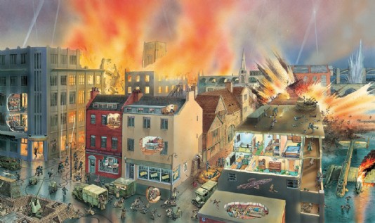 Cutaway illustration of London during the Blitz