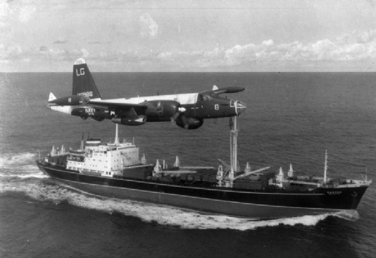 A US patrol plane over a Soviet freighter, 1962