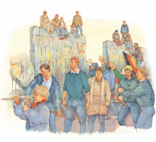 Berliners jubilantly destroy the Berlin Wall, 1989.