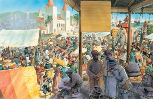 Portuguese merchants buying goods in India