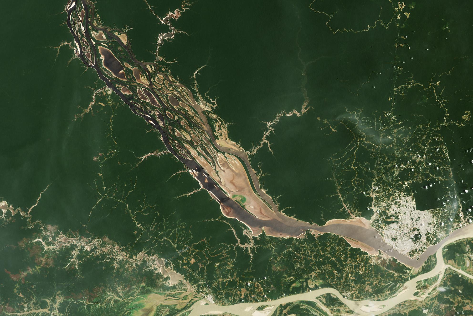 Satellite image of the Rio Negro taken on 3rd October 2023 during the Amazon drought