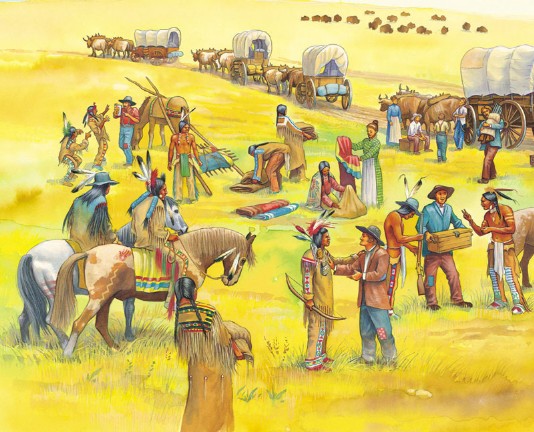 European travellers and Native Americans bartering