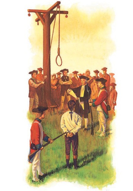 A highwayman meets his end on the gallows.