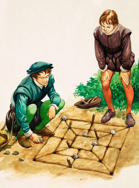 Two boys playing Nine Men's Morris