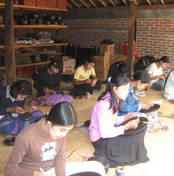 Workers at a lacquerware factory, Bagan
