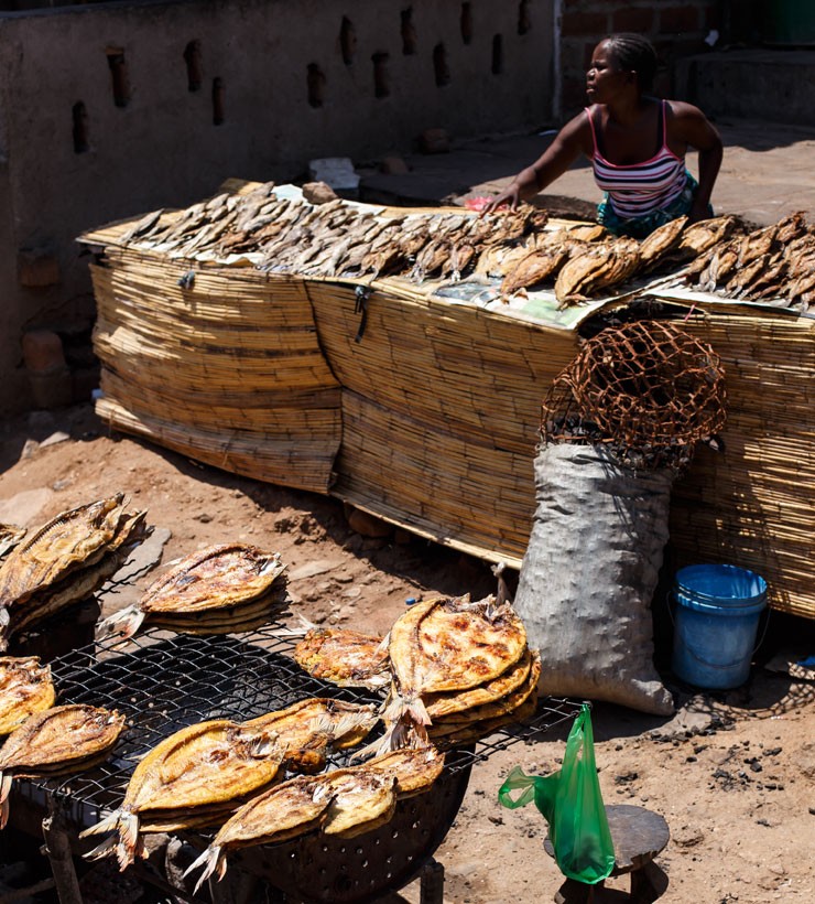 Fish for sale at a Zambian market stall