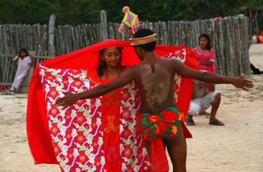 Wayuu dancers perform a traditional courtship dance.