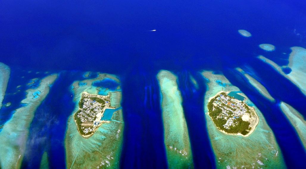 An aerial view of islands in the Maldives