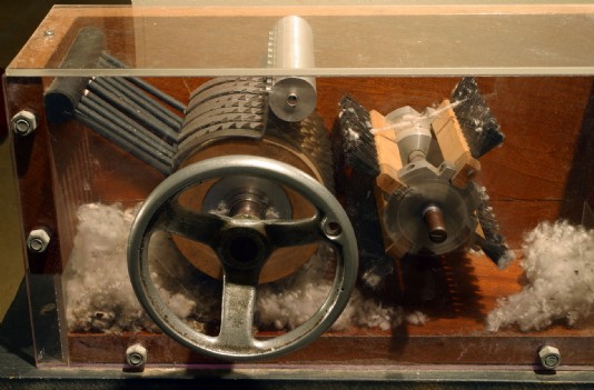A cotton gin on display at the Eli Whitney Museum