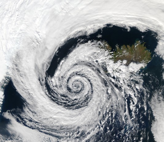 A cyclone, a region of low pressure, over Iceland