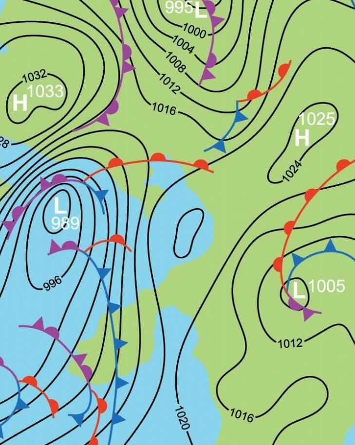 A weather map showing patterns of low and high pressure