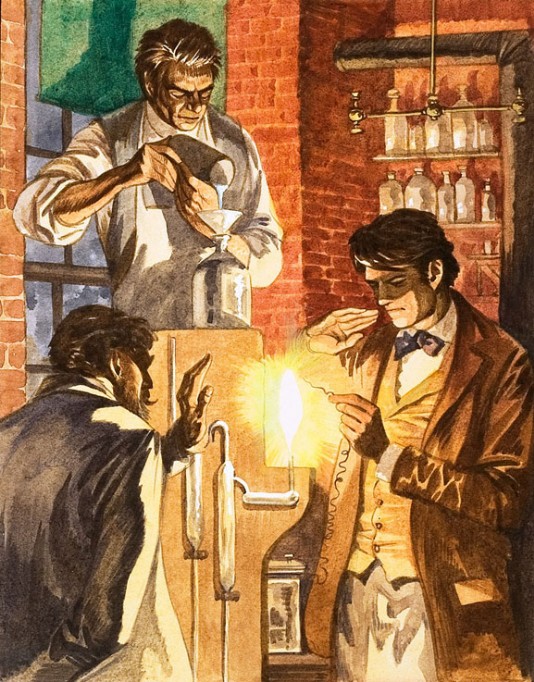 Edison (right) works on his electric light bulb.