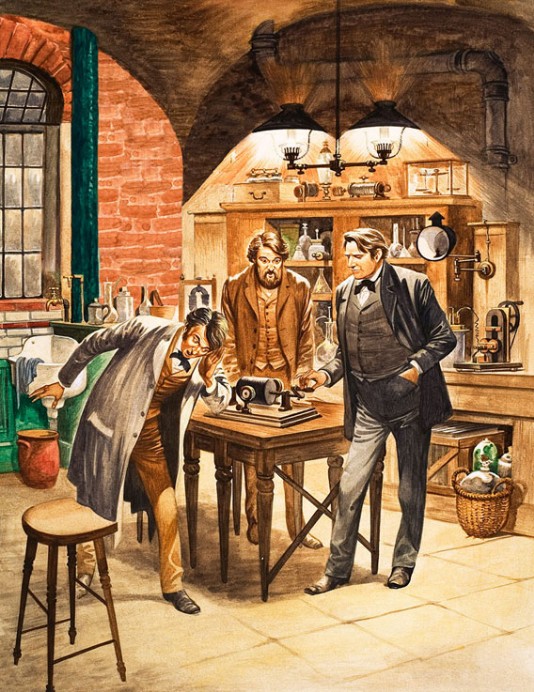 Edison and his assistants try out the phonograph.