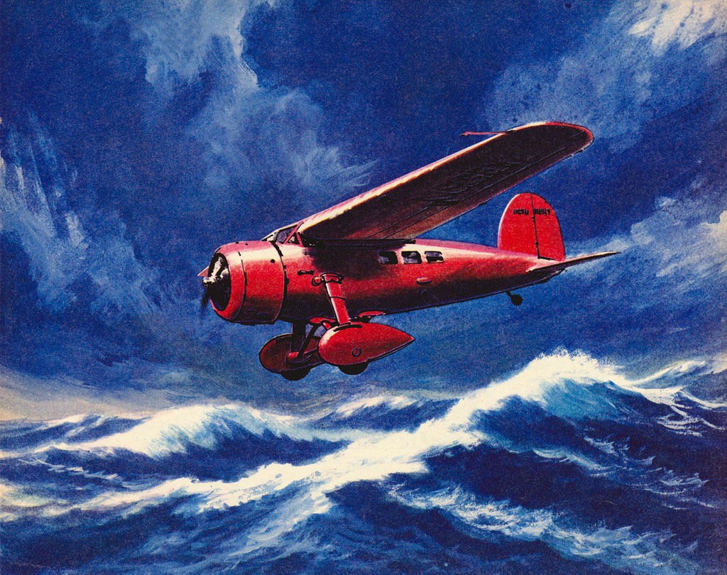 Amelia Earhart flying low over the Atlantic