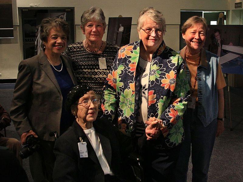 Katherine Johnson (seated) pictured with former NASA colleagues in 2014