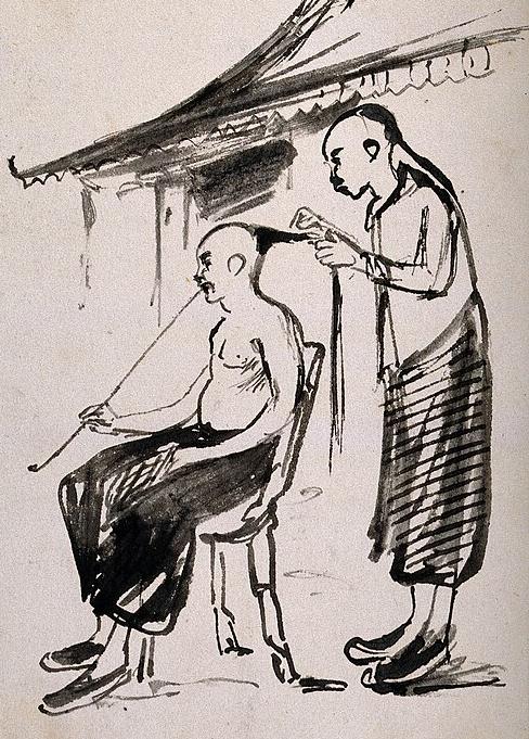 A man's hair is braided into a queue, in the Manchu style
