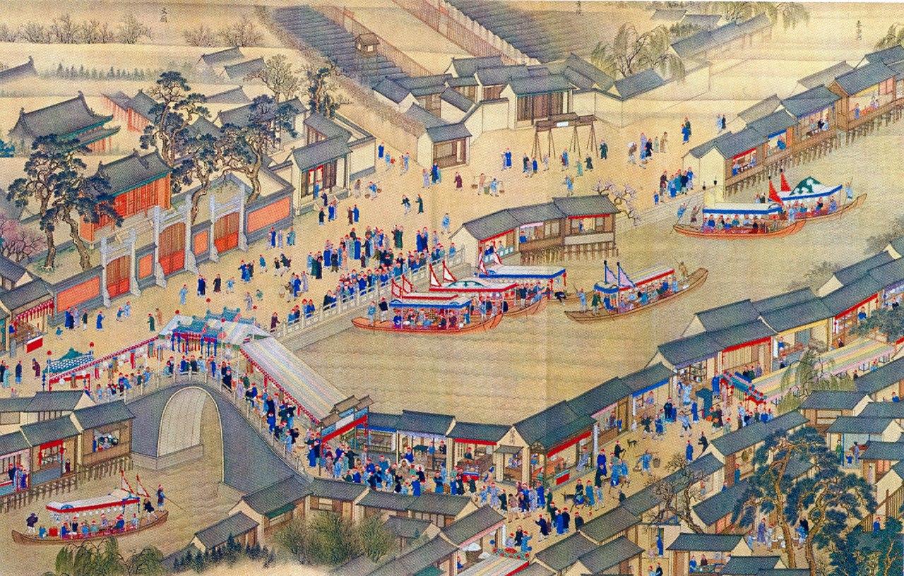 A scene, painted in 1689, depicting the Kangxi Emperor returning to Beijing after a tour of his realm