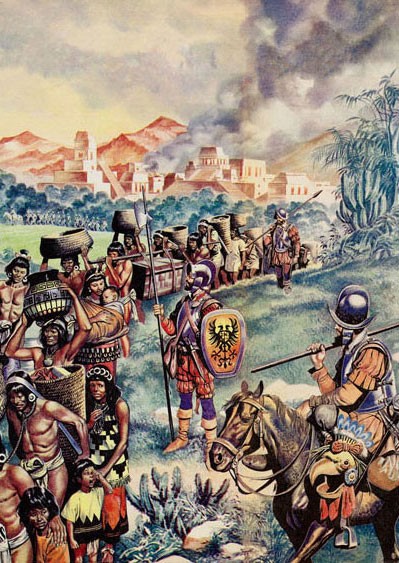 Spanish soldiers and the defeated Aztec people