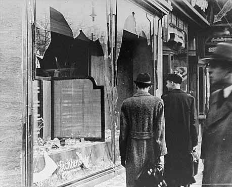 Shattered shop window after Kristallnacht