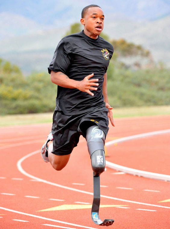 Sprinter Jerrod Fields wears a prosthetic leg