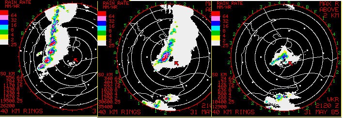 Radar image of a line of thunderstorms