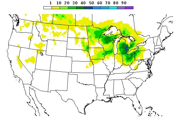 The probability of freezing rain, USA