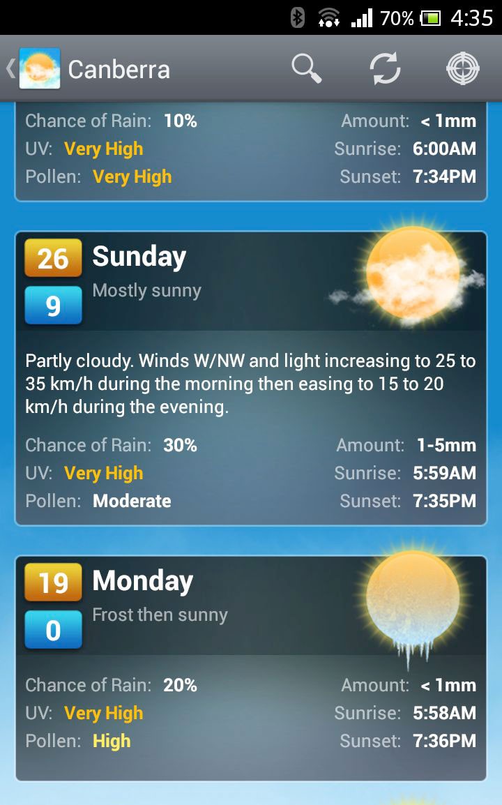 A weather app for a mobile phone