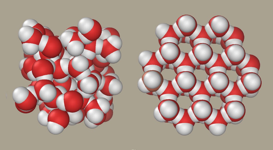 Water molecules as solid ice (left) and liquid (right)