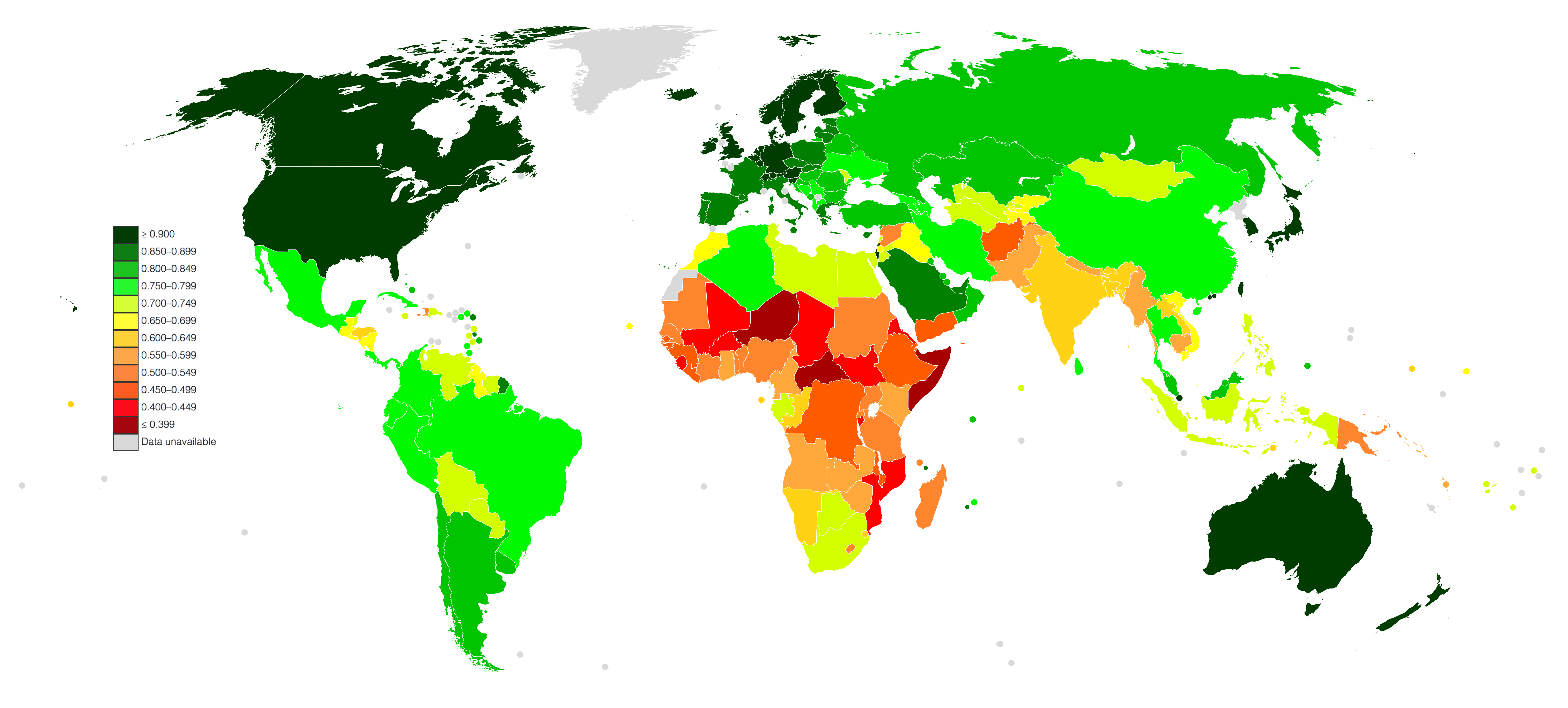 A map showing countries' HDI scores