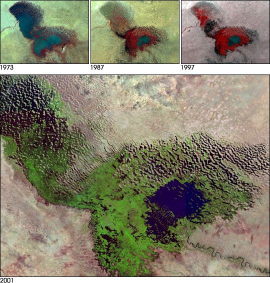 Satellite photos of Lake Chad 1973–2001