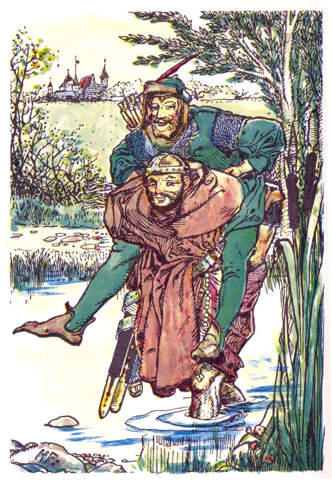 Friar Tuck carries Robin over a river