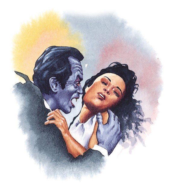 Dracula about to bite the neck of a victim