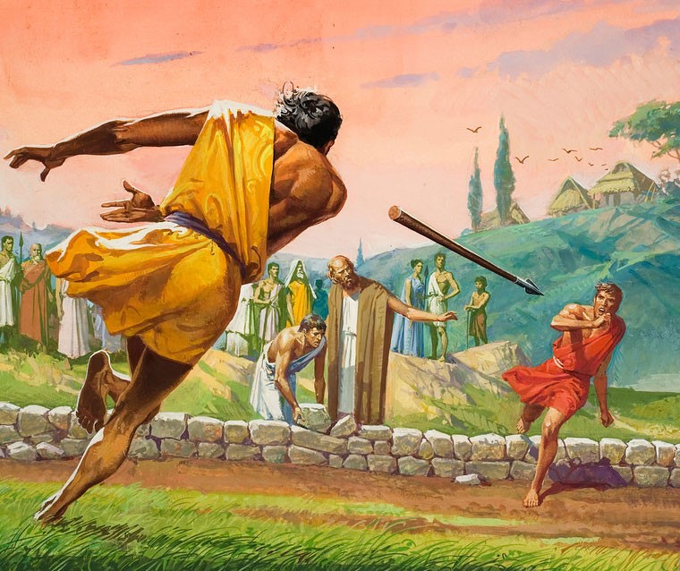 Romulus killing Remus with a spear