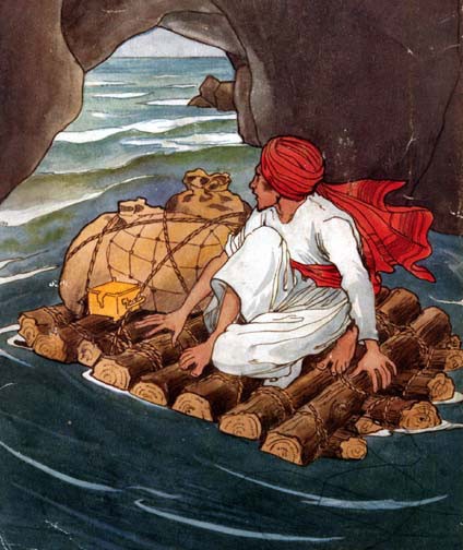 Sinbad on a raft during his sixth voyage