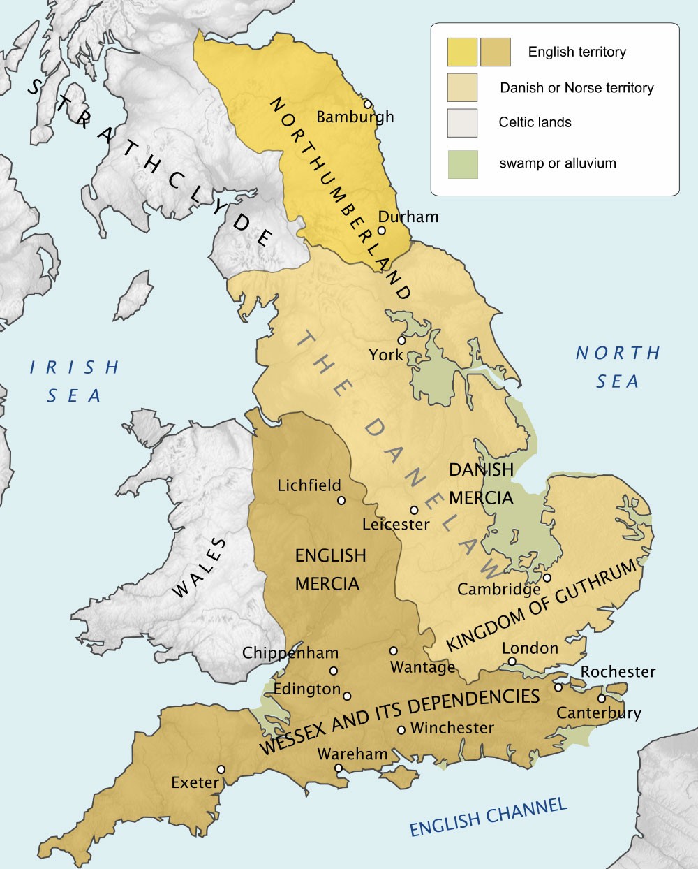 Map showing the division of England in the 880s