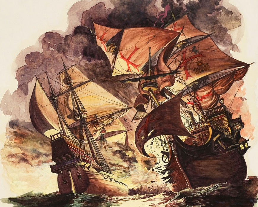 An English ship (left) attacks an Armada galleon