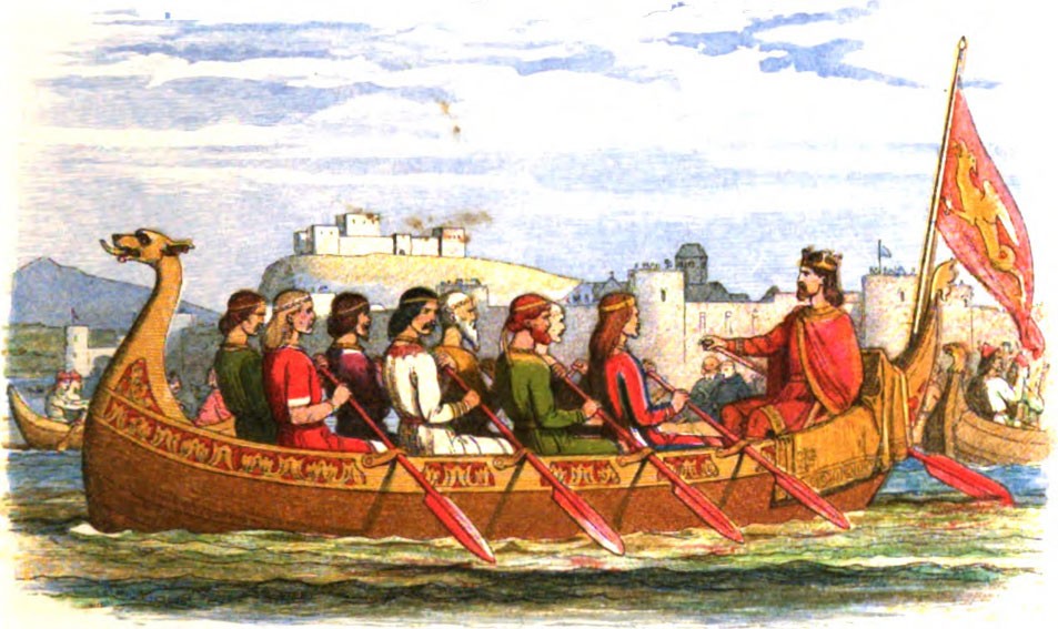 King Edgar sits in a boat manned by eight other kings.