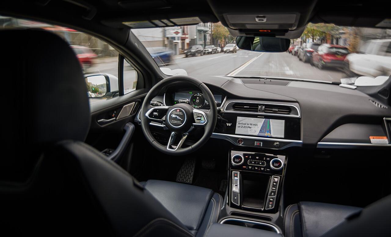The interior of a Waymo robotaxi as it autonomously drives through San Francisco on 1st January 2025