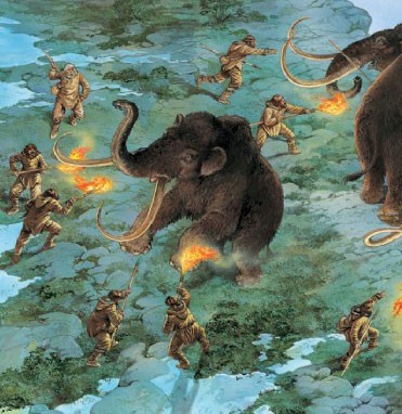 Hunters pursuing mammoths