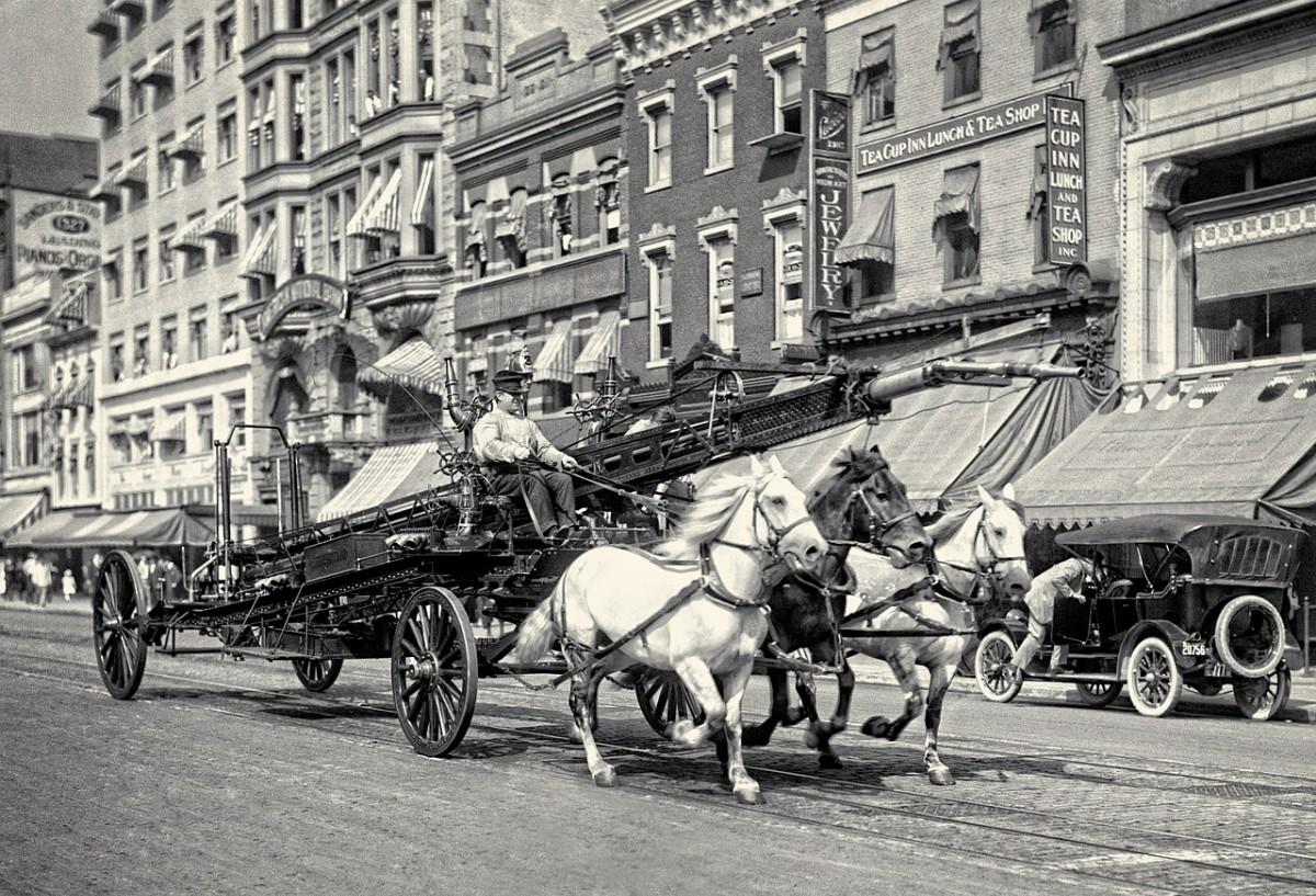 Horse-drawn firefighting equipment, c. 1914