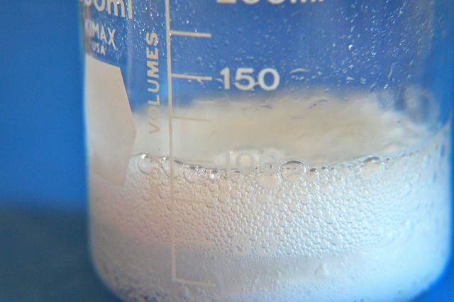 Baking soda mixed with vinegar produces bubbles